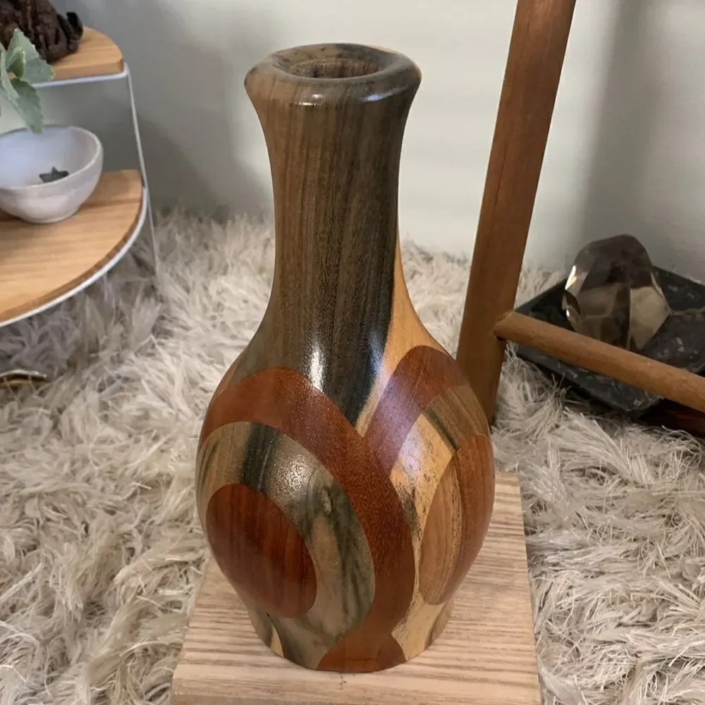 Decorative Handcrafted Wooden Vase Unsigned Made With Multiple Varieties Of Wood